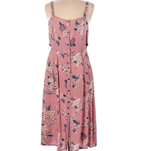Pink Floral Midi Dress with Buttons - Picture 1 of 3